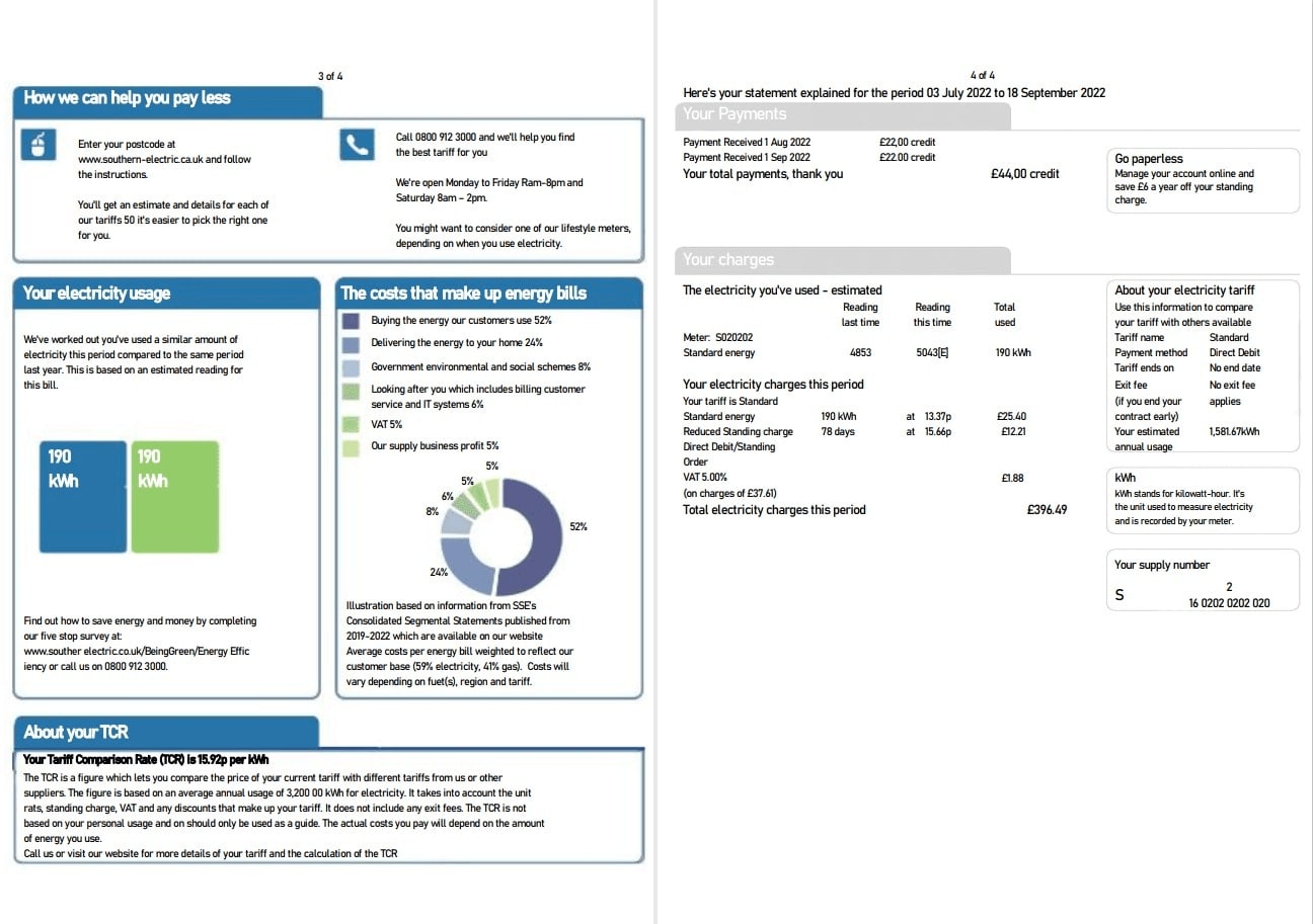 United Kingdom SSE Energy utility bill, Word and PDF template, 4 pages 3 4